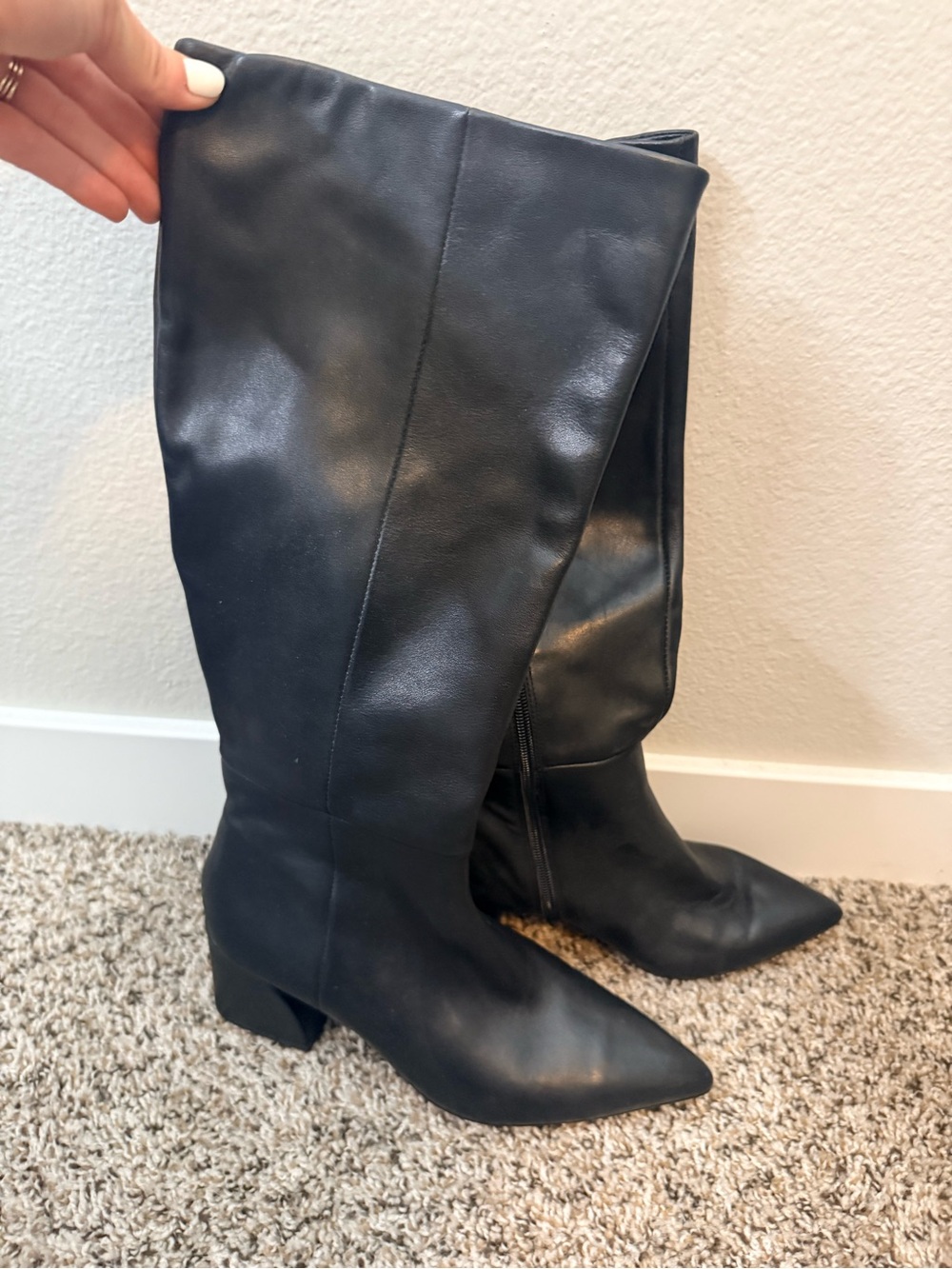 Steve Madden Black Pointed-Toe Knee-High Block Heel Boots
